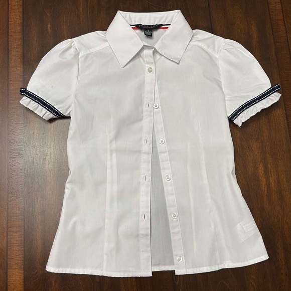 French Toast White Short Sleeve Button-Up Shirt with blue/navy sleeve details - Picture 1 of 1